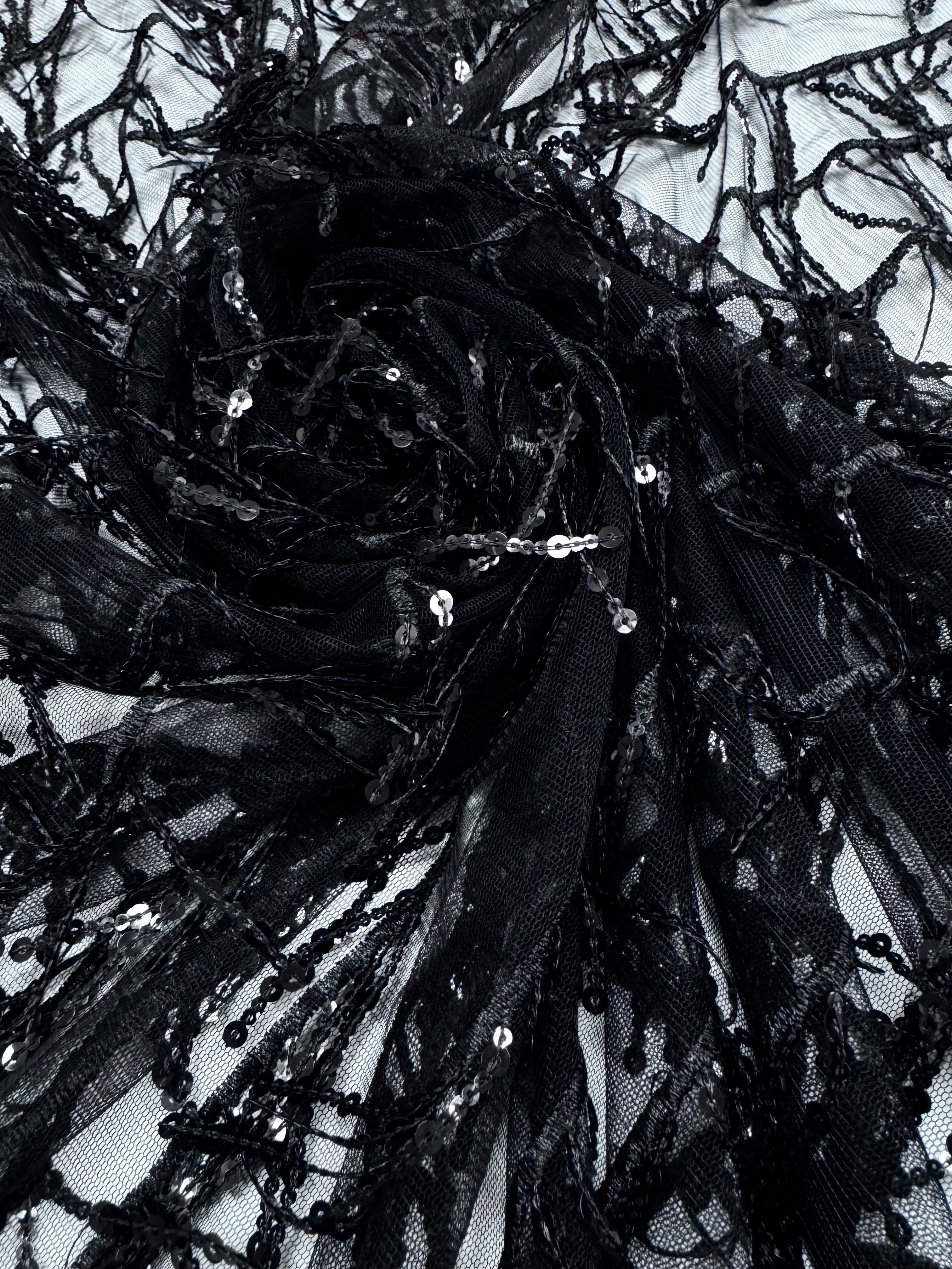 Tull elastic cu franjuri din paiete, Negru