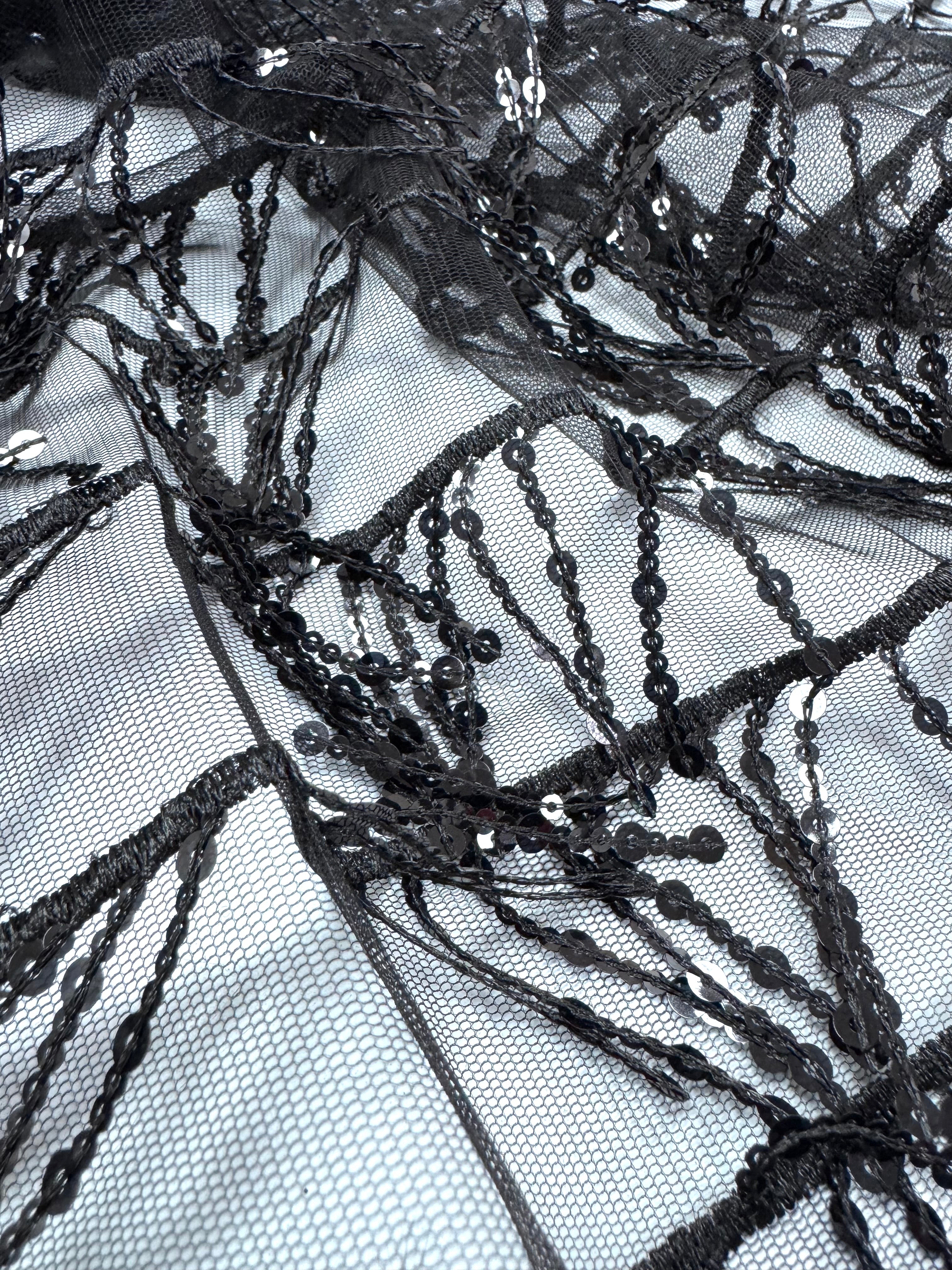 Tull elastic cu franjuri din paiete, Negru