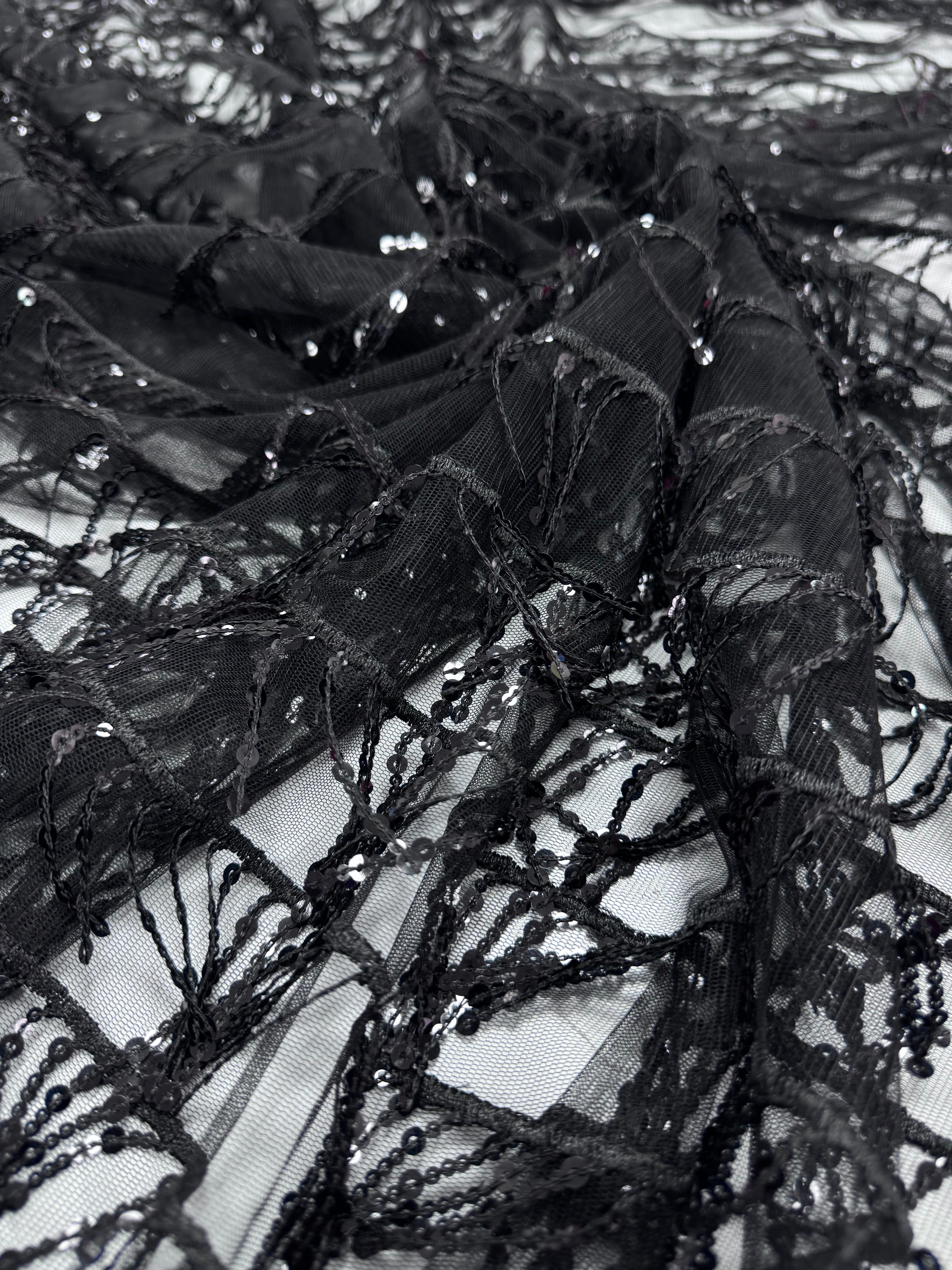 Tull elastic cu franjuri din paiete, Negru