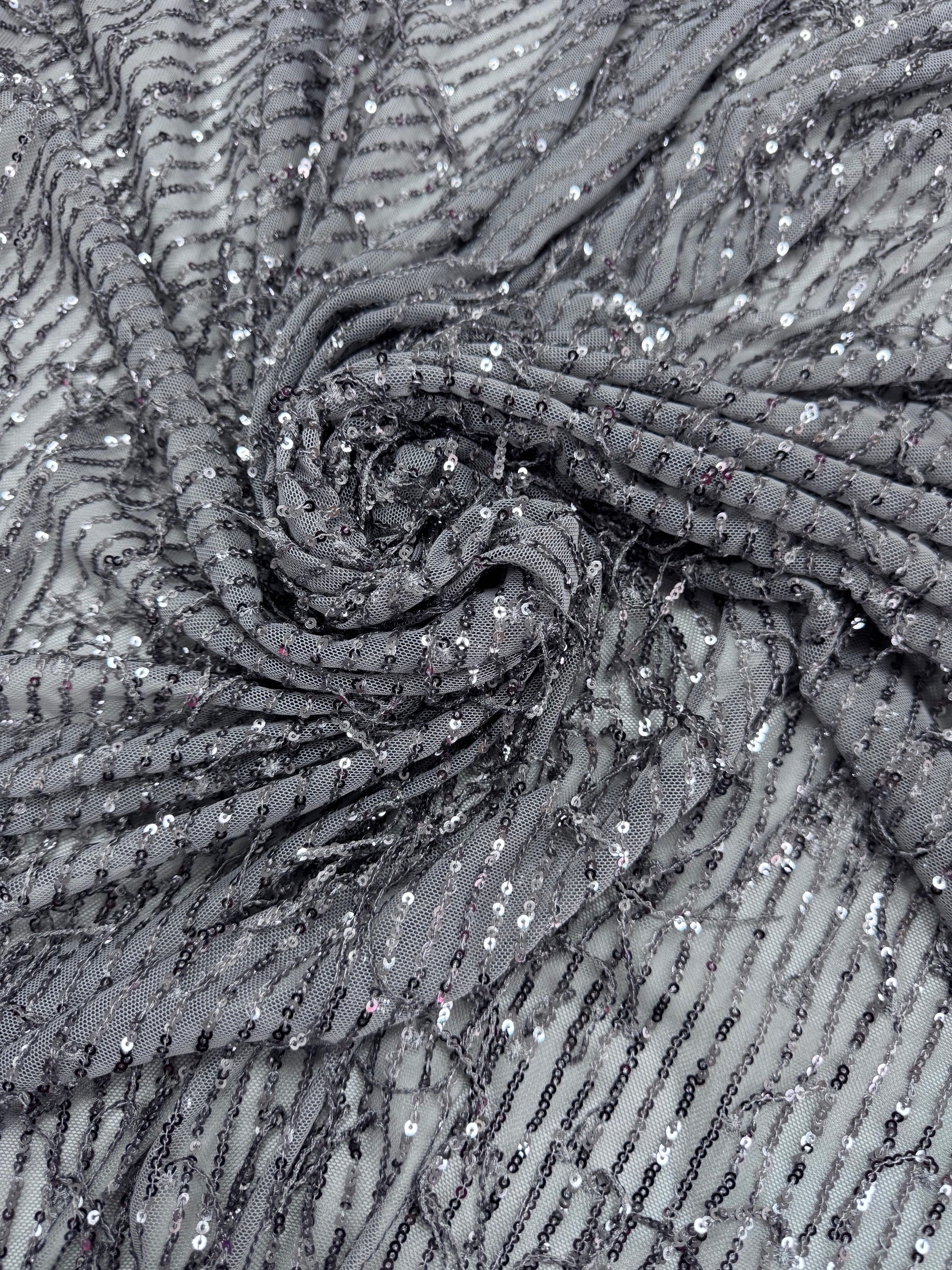 Tull elastic cu franjuri din paiete, Gri